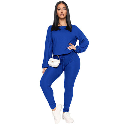 Conjunto de dos piezas de top y pantalón holgados de cuello redondo de color liso para mujer tallas S-XL