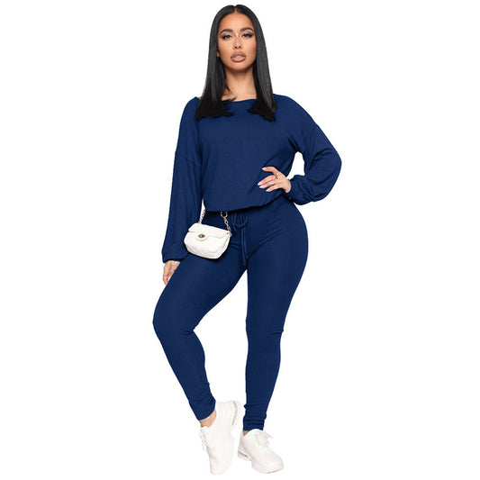 Conjunto de dos piezas de top y pantalón holgados de cuello redondo de color liso para mujer tallas S-XL