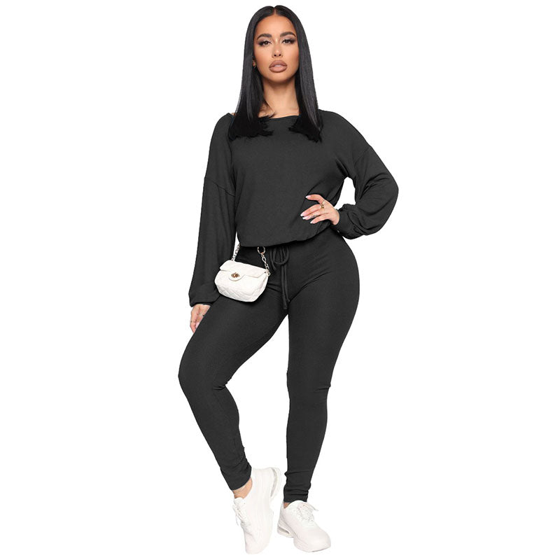 Conjunto de dos piezas de top y pantalón holgados de cuello redondo de color liso para mujer tallas S-XL