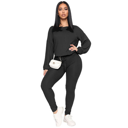 Conjunto de dos piezas de top y pantalón holgados de cuello redondo de color liso para mujer tallas S-XL