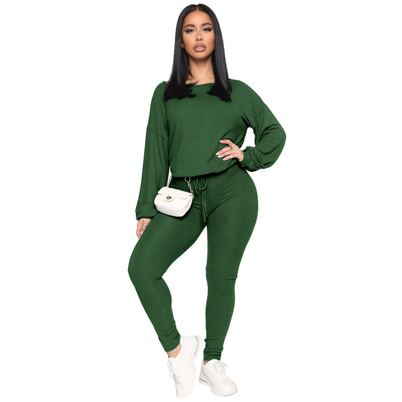 Conjunto de dos piezas de top y pantalón holgados de cuello redondo de color liso para mujer tallas S-XL