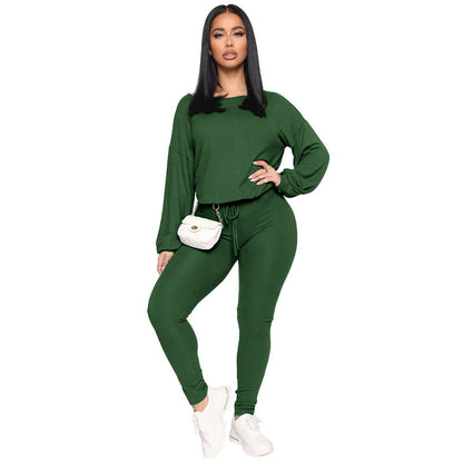 Conjunto de dos piezas de top y pantalón holgados de cuello redondo de color liso para mujer tallas S-XL