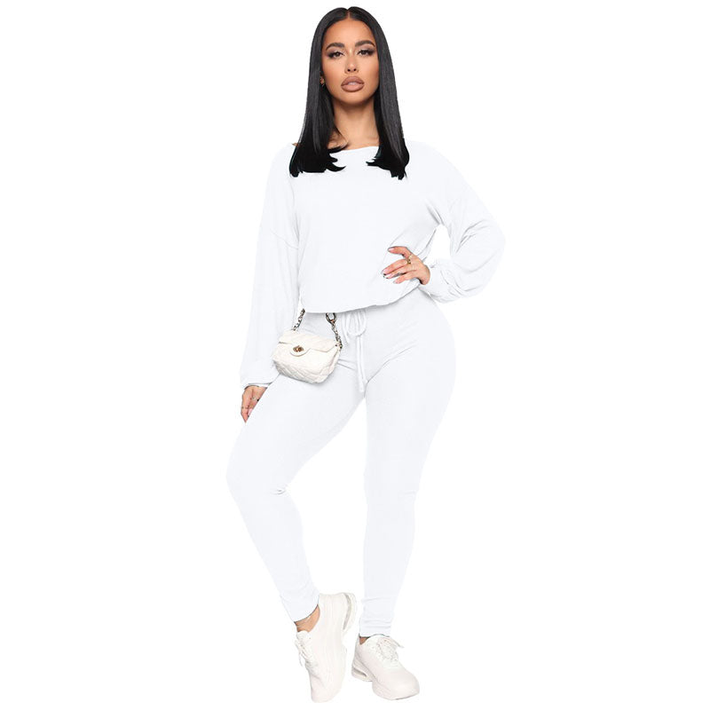 Conjunto de dos piezas de top y pantalón holgados de cuello redondo de color liso para mujer tallas S-XL