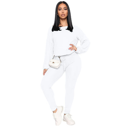 Conjunto de dos piezas de top y pantalón holgados de cuello redondo de color liso para mujer tallas S-XL