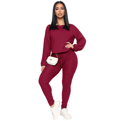 Conjunto de dos piezas de top y pantalón holgados de cuello redondo de color liso para mujer tallas S-XL
