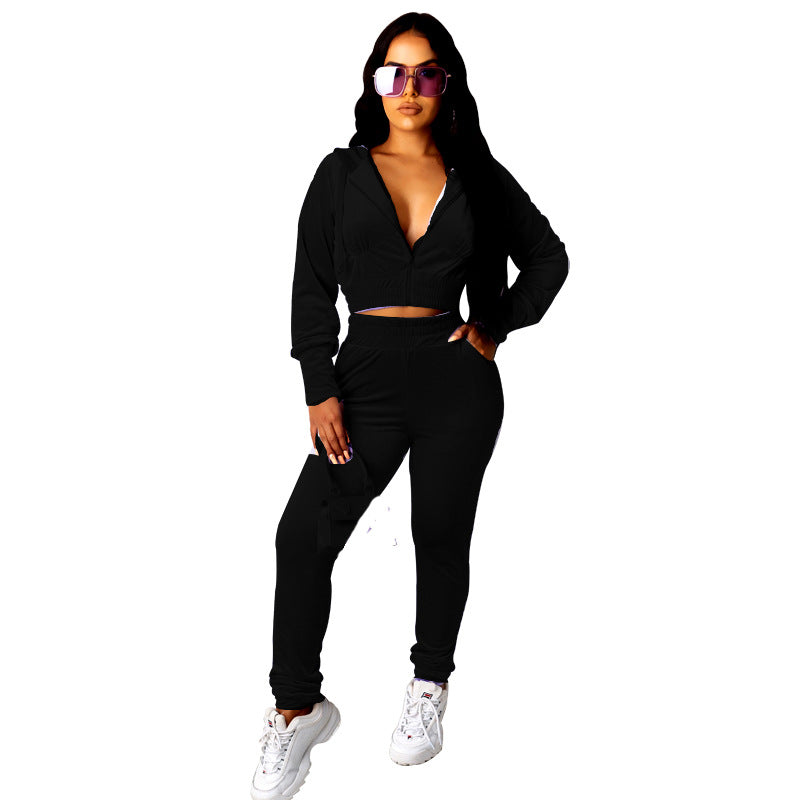 Conjunto de dos piezas de sudadera y pantalón de terciopelo de color liso informal para mujer tallas S-XL
