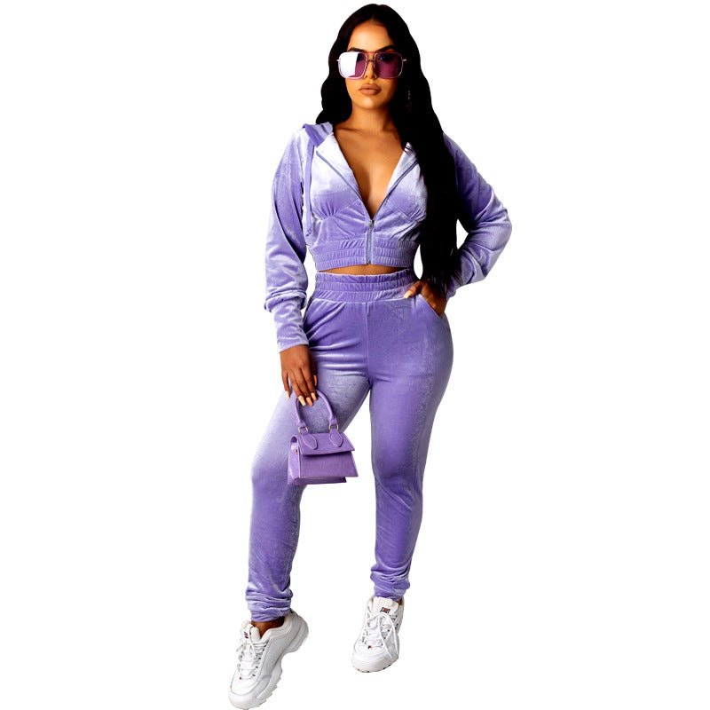 Conjunto de dos piezas de sudadera y pantalón de terciopelo de color liso informal para mujer tallas S-XL