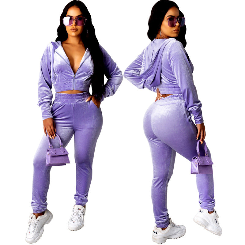 Conjunto de dos piezas de sudadera y pantalón de terciopelo de color liso informal para mujer tallas S-XL