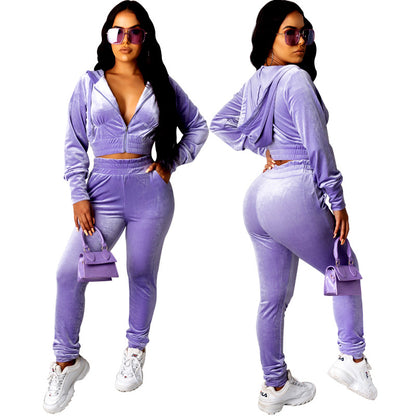 Conjunto de dos piezas de sudadera y pantalón de terciopelo de color liso informal para mujer tallas S-XL