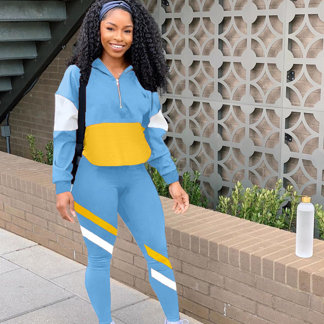 Conjunto de dos piezas de top y pantalón con cremallera y bloques de color para mujer, tallas S-2XL