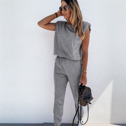 Conjunto de dos piezas de top y pantalón sin mangas de color liso informal para mujer tallas S-XL