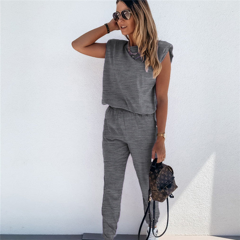 Conjunto de dos piezas de top y pantalón sin mangas de color liso informal para mujer tallas S-XL