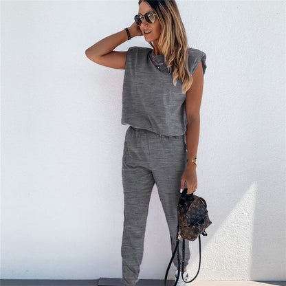 Conjunto de dos piezas de top y pantalón sin mangas de color liso informal para mujer tallas S-XL