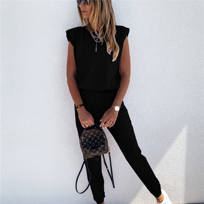 Conjunto de dos piezas de top y pantalón sin mangas de color liso informal para mujer tallas S-XL