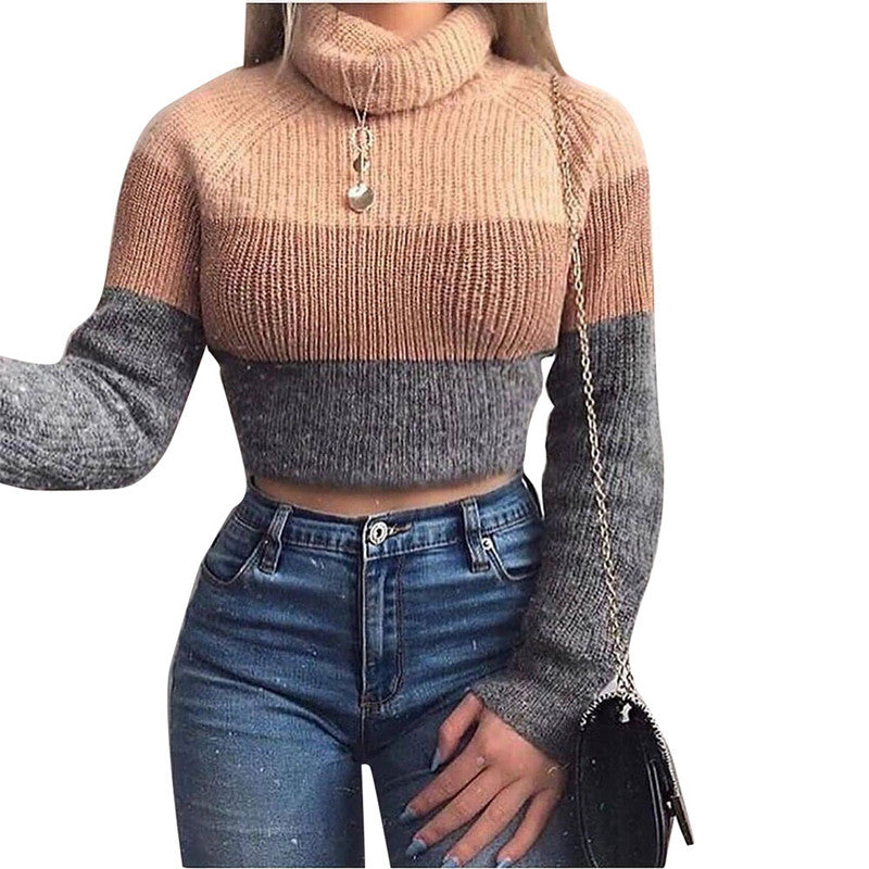 SL Mujeres Moda Cuello Alto Contraste Color Casual Prendas de Punto