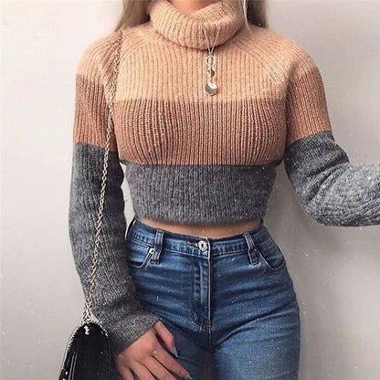 SL Mujeres Moda Cuello Alto Contraste Color Casual Prendas de Punto