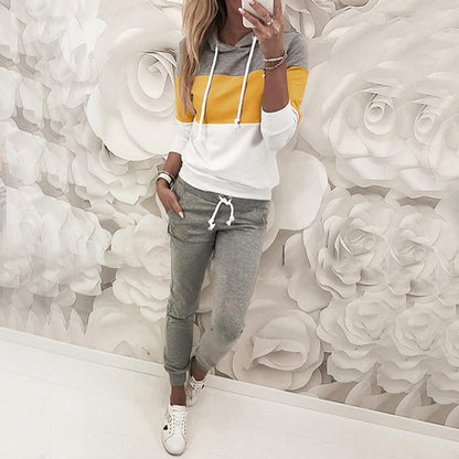 Conjunto de dos piezas de sudadera y pantalón de manga larga con bloques de color para mujer, tallas S-XL