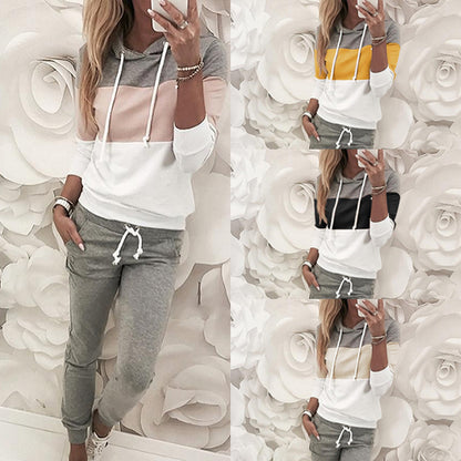Conjunto de dos piezas de sudadera y pantalón de manga larga con bloques de color para mujer, tallas S-XL
