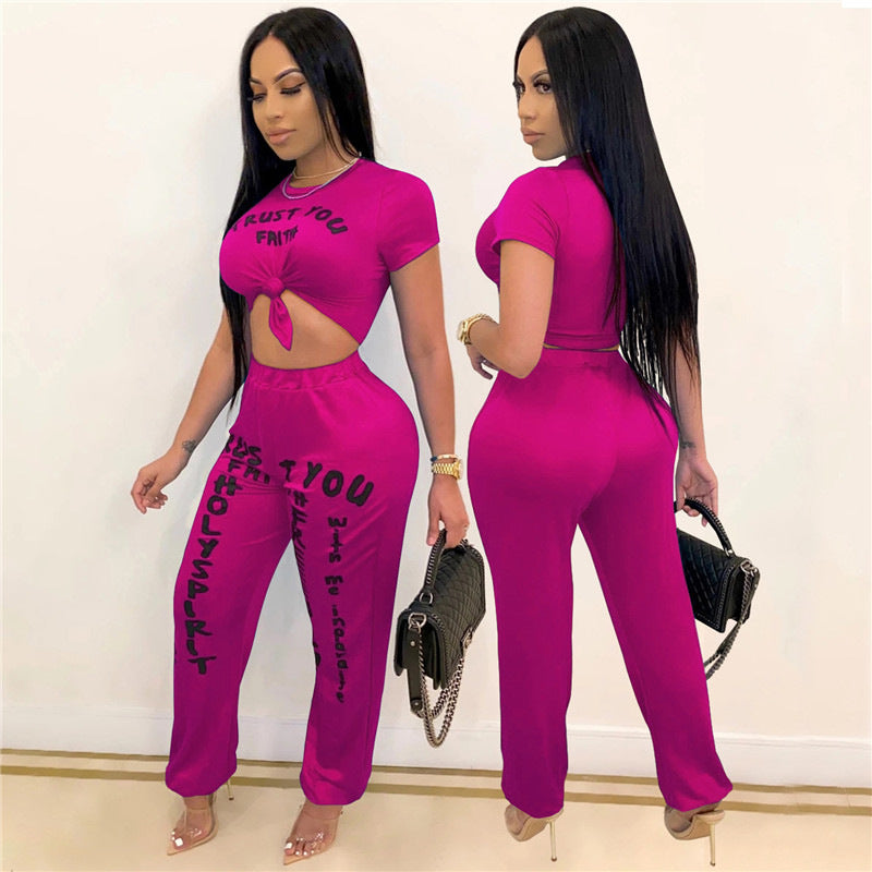 S-XXL Women Letter Printing Casual Crop Top Harem Pants Two Piece Set