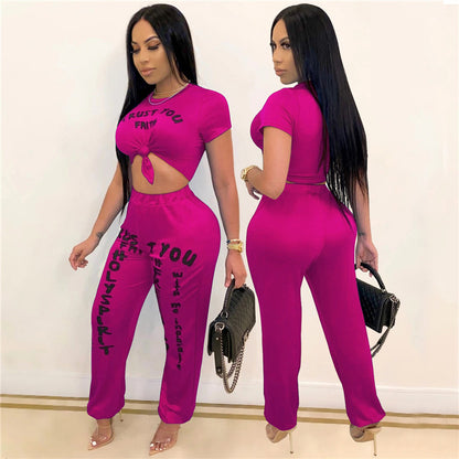 S-XXL Women Letter Printing Casual Crop Top Harem Pants Two Piece Set