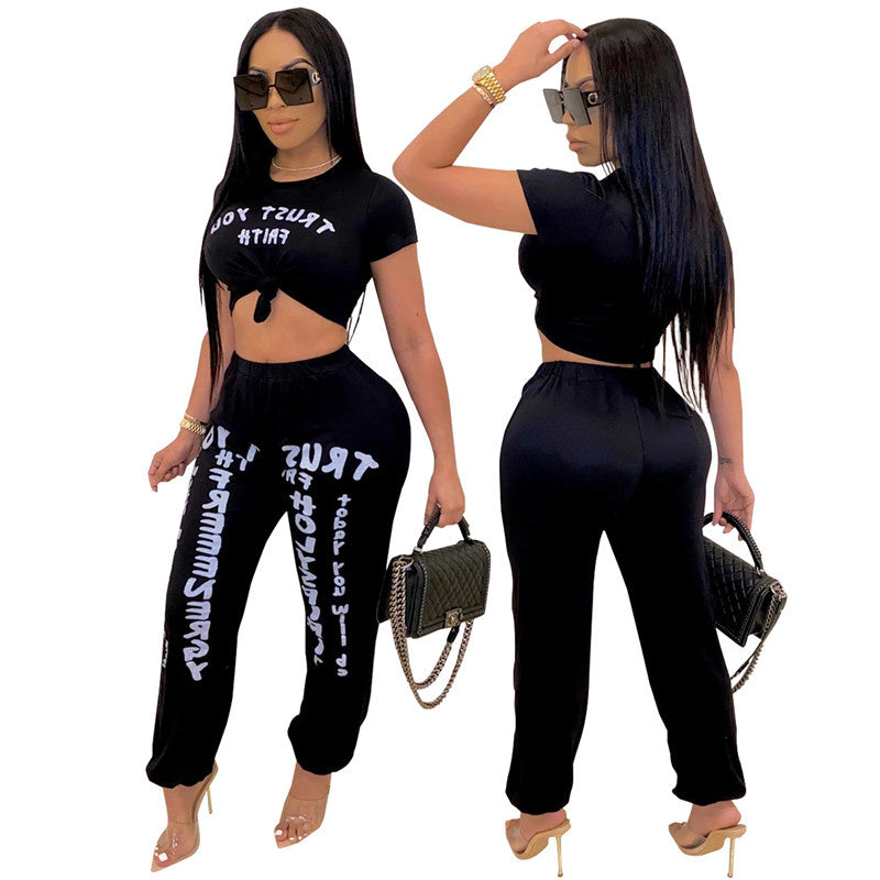 S-XXL Women Letter Printing Casual Crop Top Harem Pants Two Piece Set