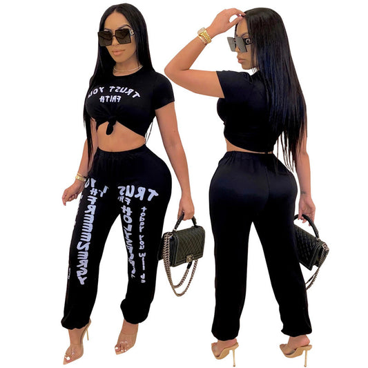 Conjunto de dos piezas formado por top corto y pantalón harén, informal, con estampado de letras para mujer, tallas S-XXL