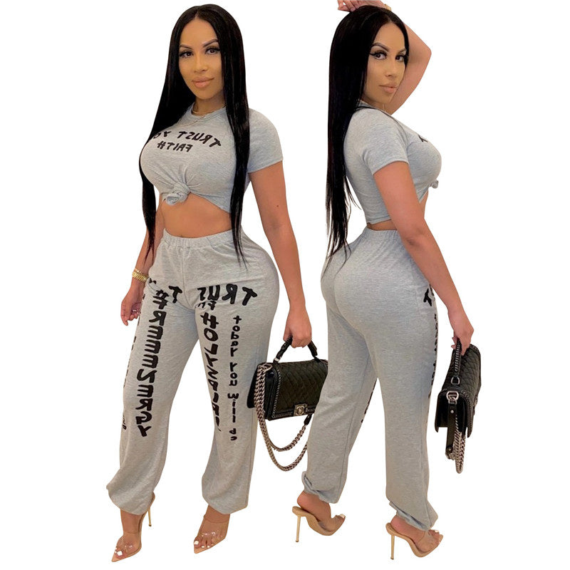 S-XXL Women Letter Printing Casual Crop Top Harem Pants Two Piece Set