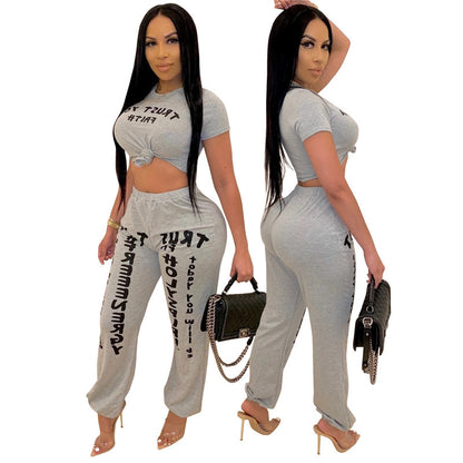 S-XXL Women Letter Printing Casual Crop Top Harem Pants Two Piece Set