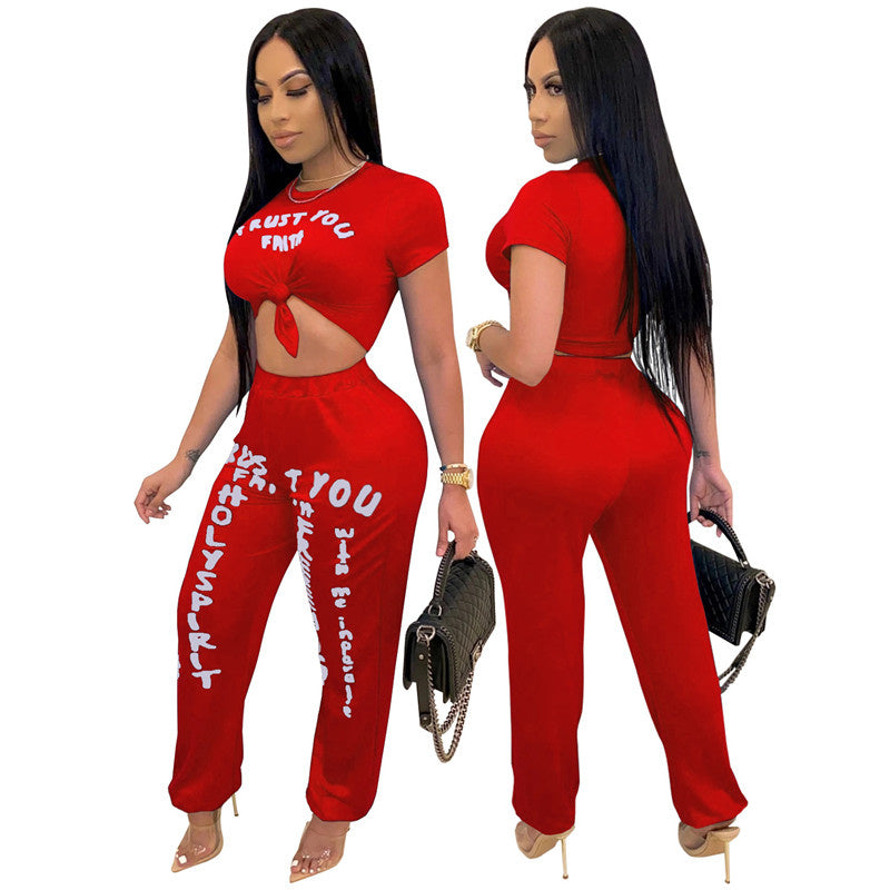 S-XXL Women Letter Printing Casual Crop Top Harem Pants Two Piece Set