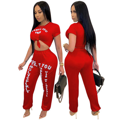 S-XXL Women Letter Printing Casual Crop Top Harem Pants Two Piece Set
