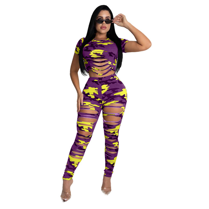 S-XXL Women Ripped Camouflage Casual Sports Two -Piece Set