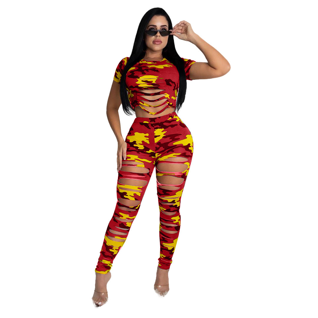 S-XXL Women Ripped Camouflage Casual Sports Two -Piece Set