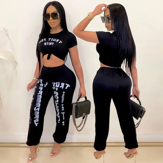 Conjunto de dos piezas formado por top corto y pantalón harén, informal, con estampado de letras para mujer, tallas S-XXL