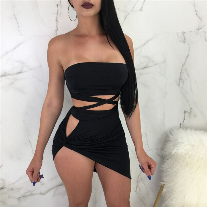 Conjunto de dos piezas de top y falda tubo con vendaje de color liso informal para mujer tallas S-XL