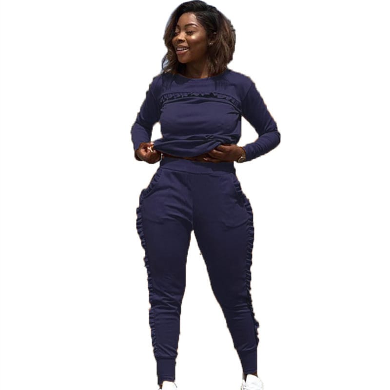 Conjunto de dos piezas de top y pantalón con volantes de color liso para mujer, tallas S-3XL