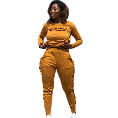 Conjunto de dos piezas de top y pantalón con volantes de color liso para mujer, tallas S-3XL
