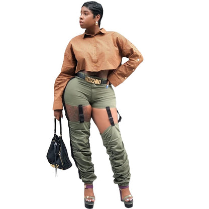 S-XXL Women Fashion Hollow Out Creased Casual Pants