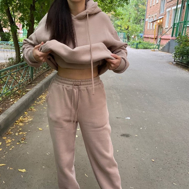 Conjunto deportivo informal de dos piezas para mujer, con capucha y pantalones deportivos, forrados en polar, de color liso