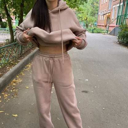 Conjunto deportivo informal de dos piezas para mujer, con capucha y pantalones deportivos, forrados en polar, de color liso