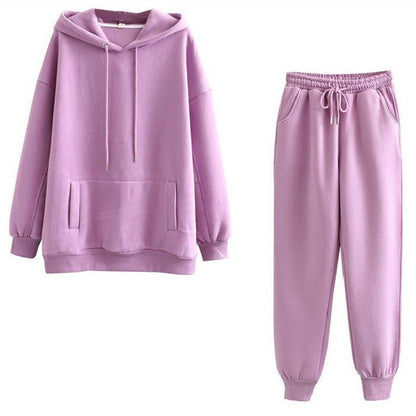Conjunto deportivo informal de dos piezas para mujer, con capucha y pantalones deportivos, forrados en polar, de color liso