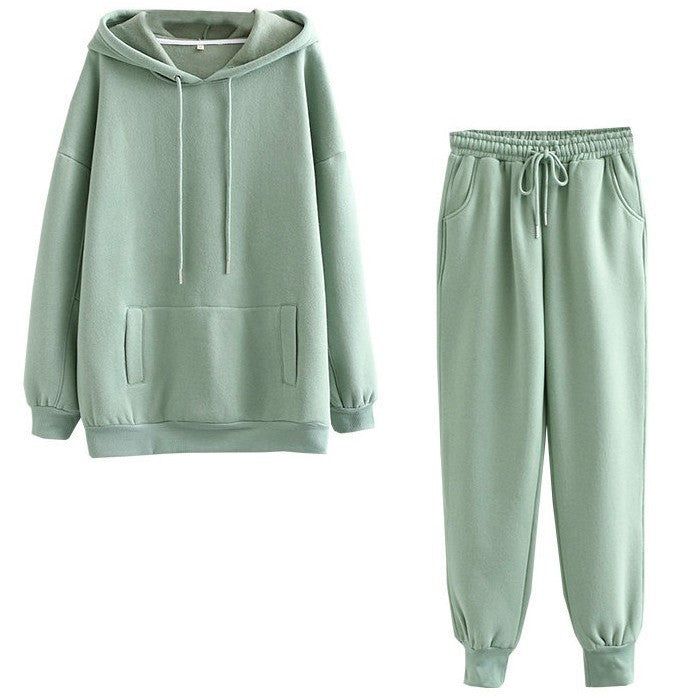 Conjunto deportivo informal de dos piezas para mujer, con capucha y pantalones deportivos, forrados en polar, de color liso
