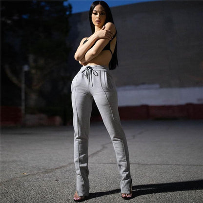 S-XXL Women Fashion Solid Color Drawstring Waist Casual Zipper Pants