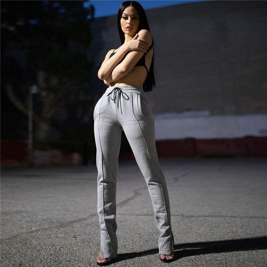 S-XXL Women Fashion Solid Color Drawstring Waist Casual Zipper Pants