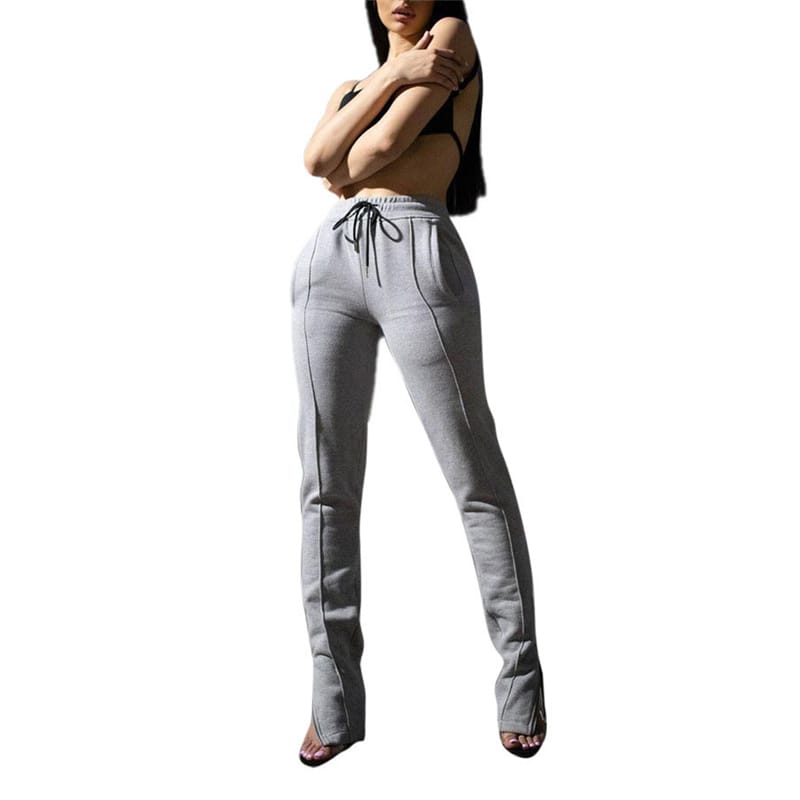 S-XXL Women Fashion Solid Color Drawstring Waist Casual Zipper Pants