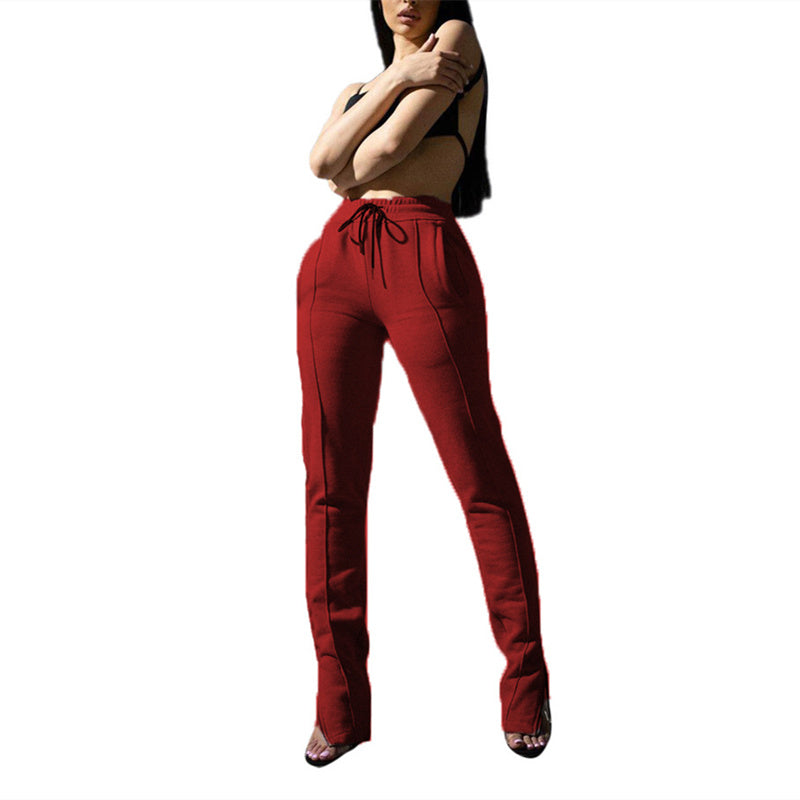 S-XXL Women Fashion Solid Color Drawstring Waist Casual Zipper Pants