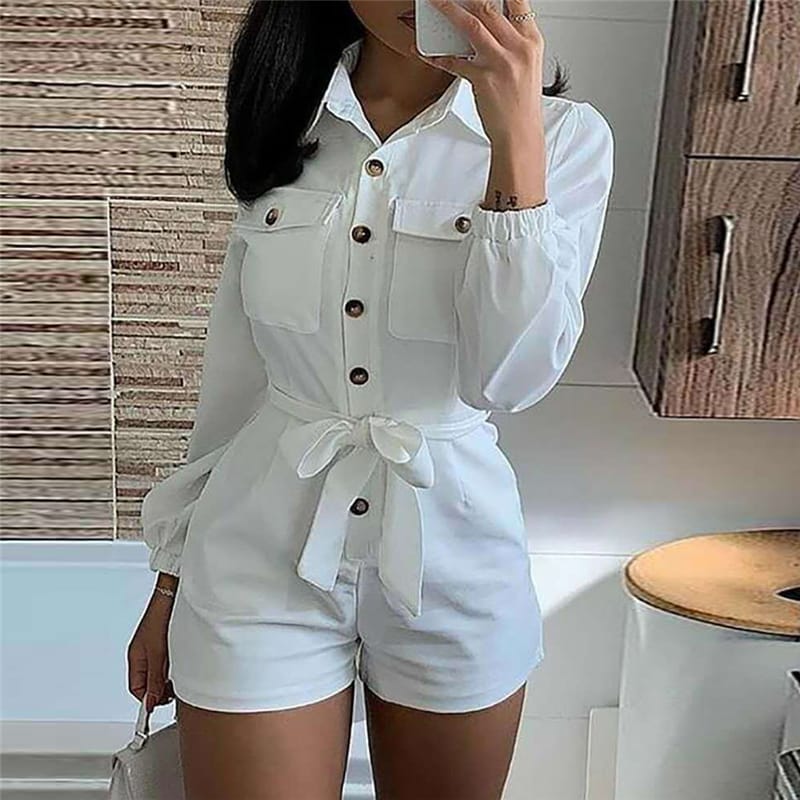 S-XL Women Casual Lapel Single Breasted Sash Rompers