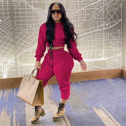 Conjunto de dos piezas de chándal y sudadera con capucha de color liso para mujer, estilo casual y deportivo.