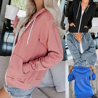 Sudadera con capucha y cremallera de color liso informal para mujer tallas S-XXL