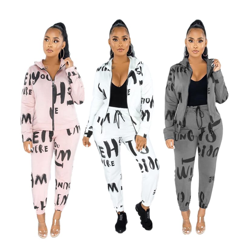 Conjunto de dos piezas de abrigo y pantalón con capucha y estampado de letras informales para mujer tallas S-XL