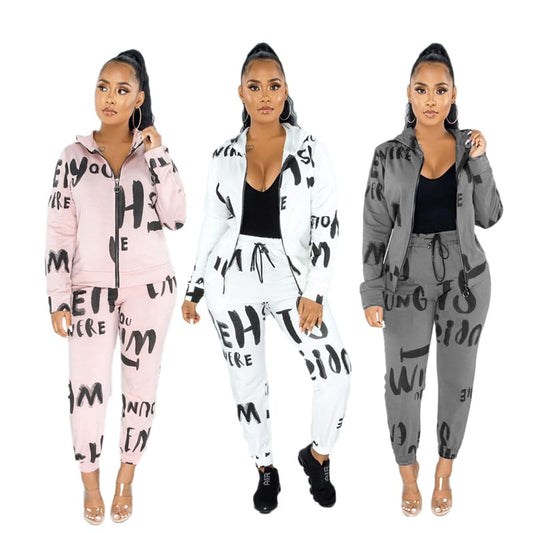 Conjunto de dos piezas de abrigo y pantalón con capucha y estampado de letras informales para mujer tallas S-XL